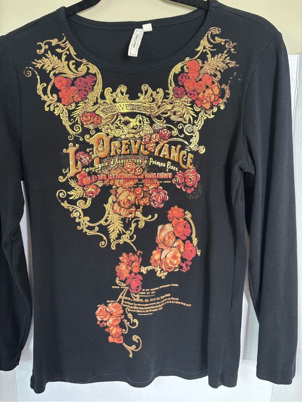 Susan Lawrence Black Tee with Gold Baroque and Red Floral Accents
